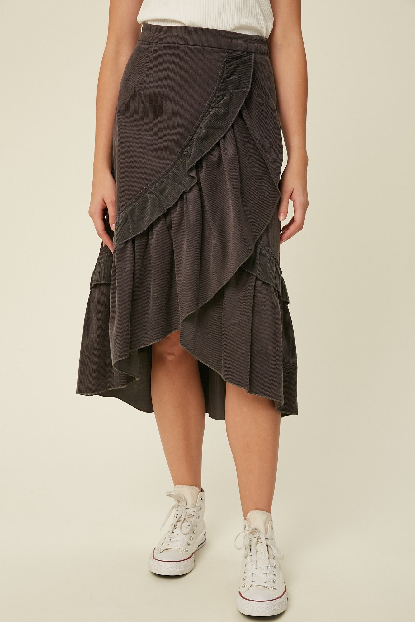 Corduroy Ruffle Wrap Midi Skirt