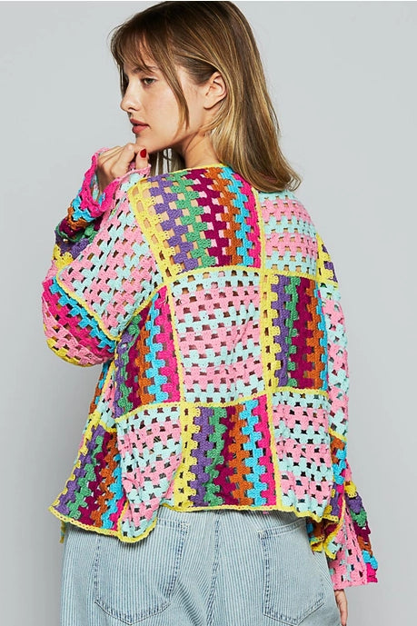 Long Sleeve Crochet Weave Knit Open Cardigan