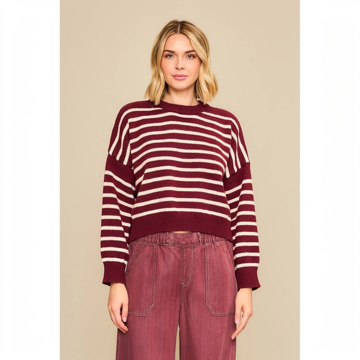 Horizontal Stripe Knit Cropped Pullover Sweater