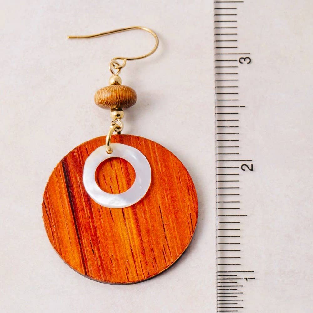 Wooden Disc And Bead Dangle Earrings