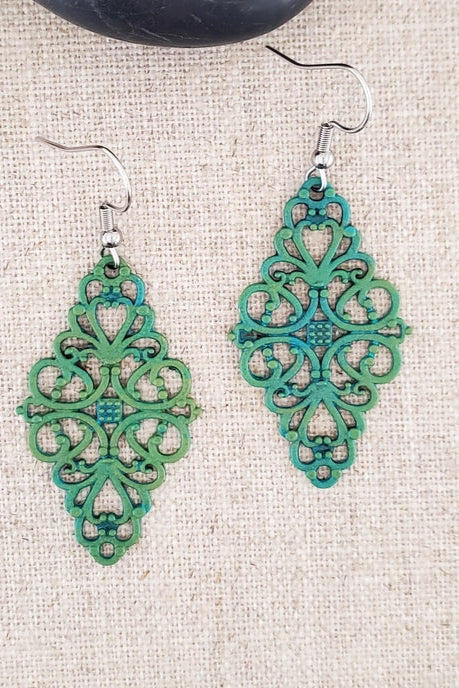 Brass Filigree Paint Patina Diamond Stainless Earrings