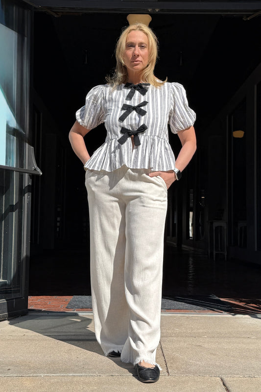 Linen Blend Raw Edge Hem Pant