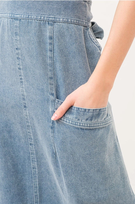 Tied Back Overall Long Denim Dress