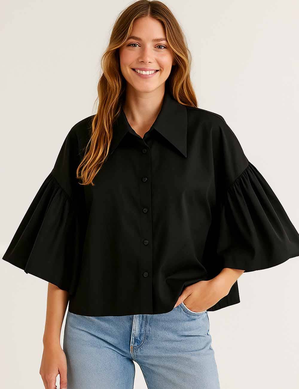 Ladies Striped Puff Sleeves Button Shirt