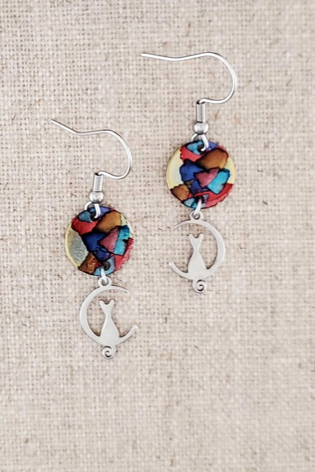 Alcohol Ink Stainless Steel Cat in Moon Earrings