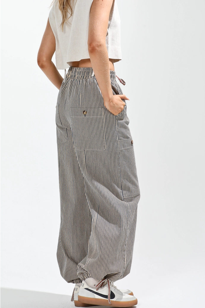 Elastic Waist Vintage Washed Stripe Pants