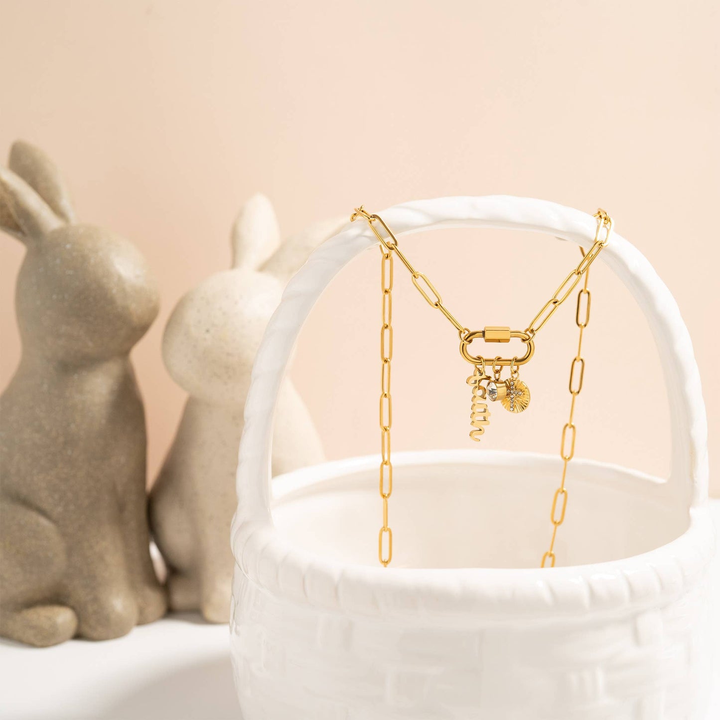 18K PVD Gold Carabiner "Faith" Paperclip Charm Necklace