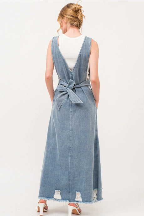 Tied Back Overall Long Denim Dress