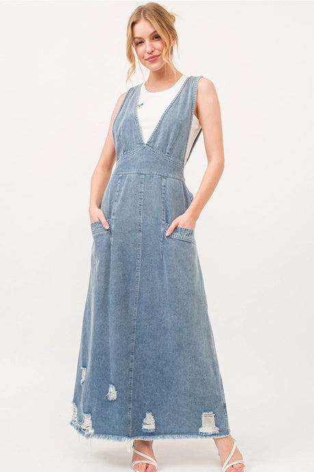 Tied Back Overall Long Denim Dress
