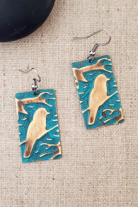 Medium Rectangle Embossed Bird Paint Patina Earrings