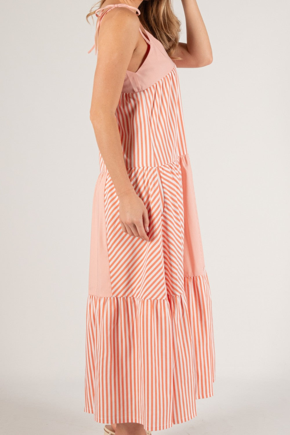 Stripe Tie Strap Tiered Maxi Dress