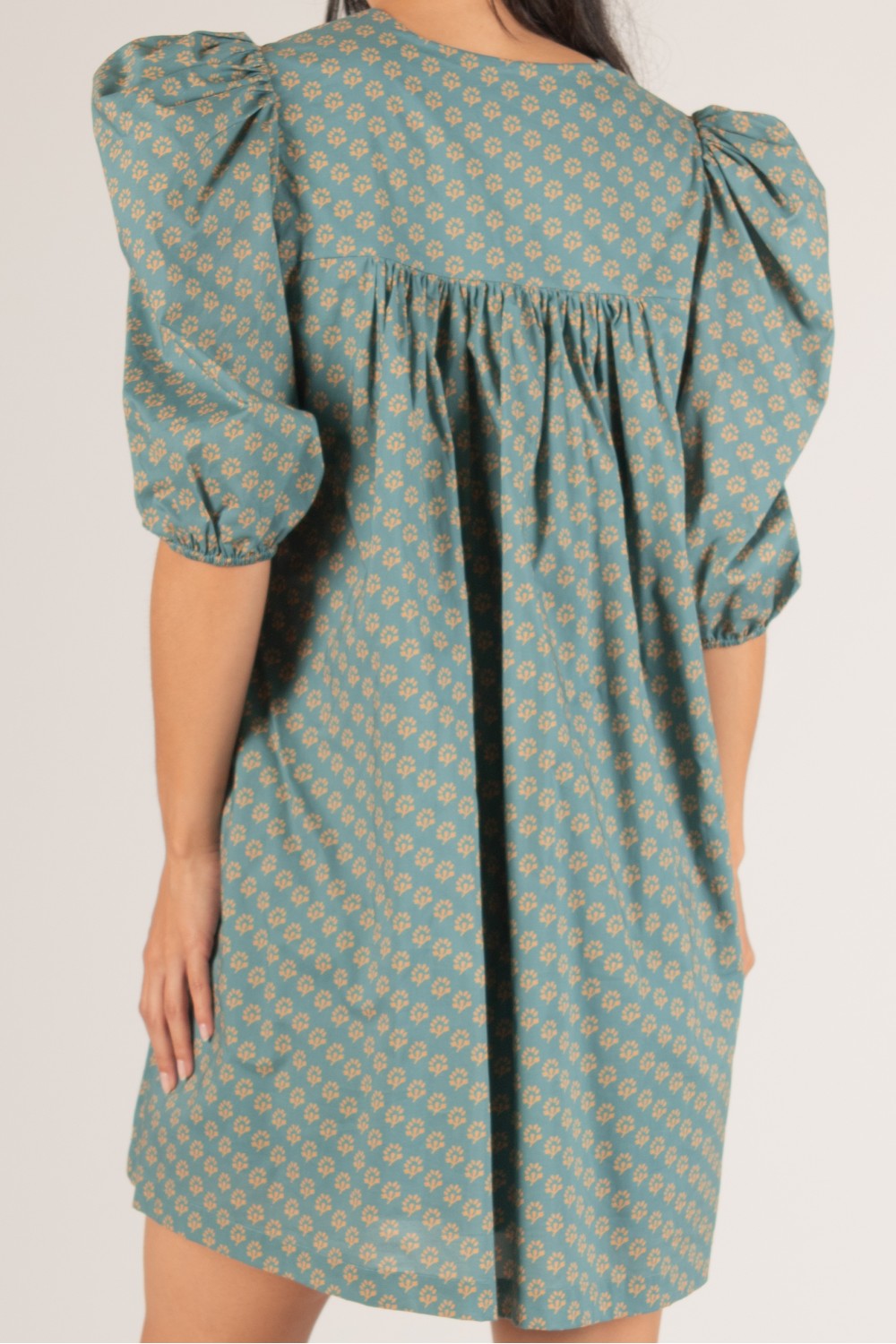 2-Tone Cotton Woven Puff Sleeve Dress