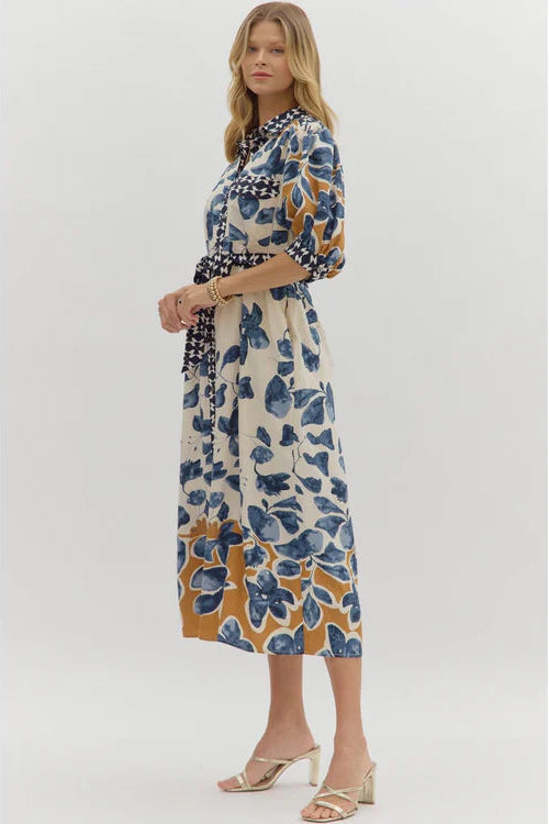 Unique Abstract Botanical Print Midi Dress
