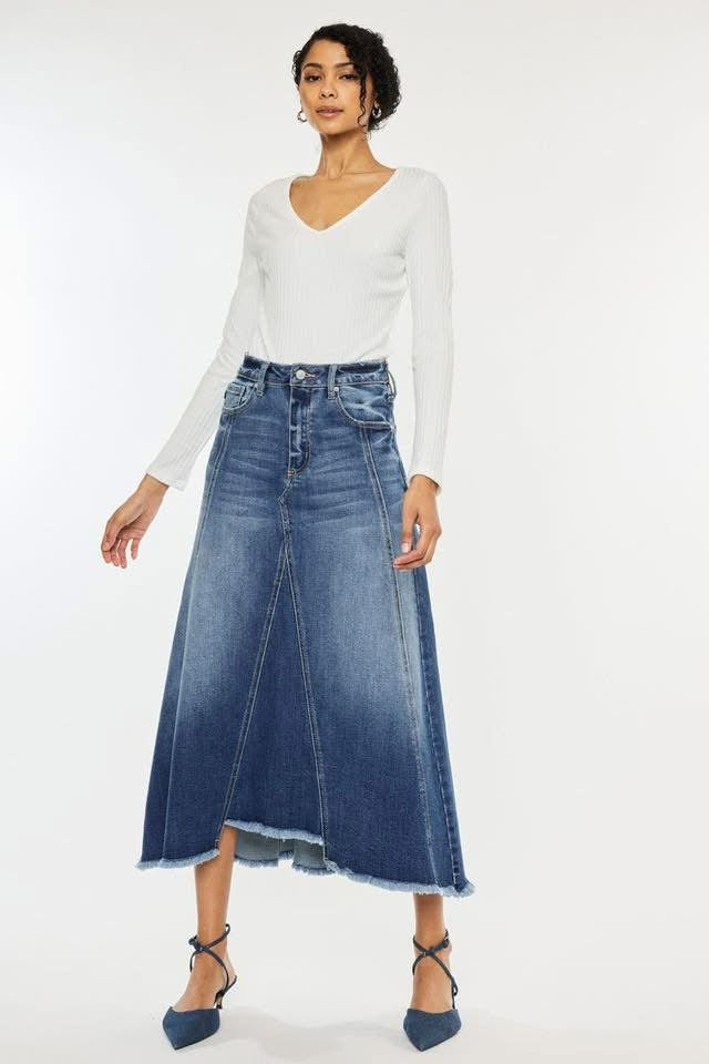 Distress Hem Denim Maxi Skirt