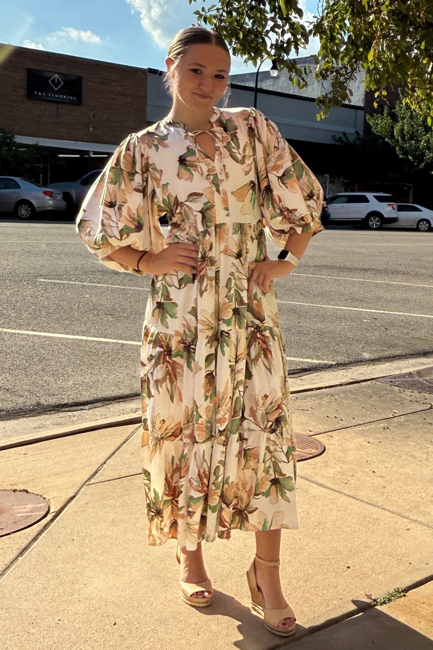 Print Satin Billowy Sleeve Maxi Dress