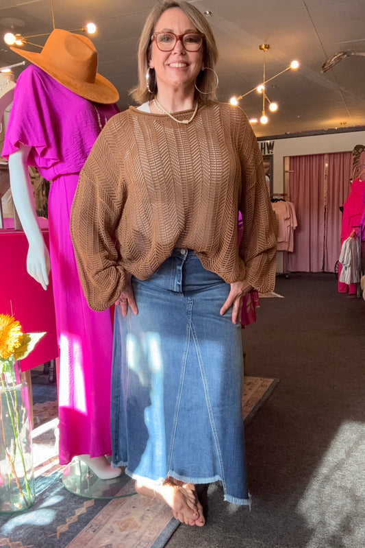 Distress Hem Denim Maxi Skirt