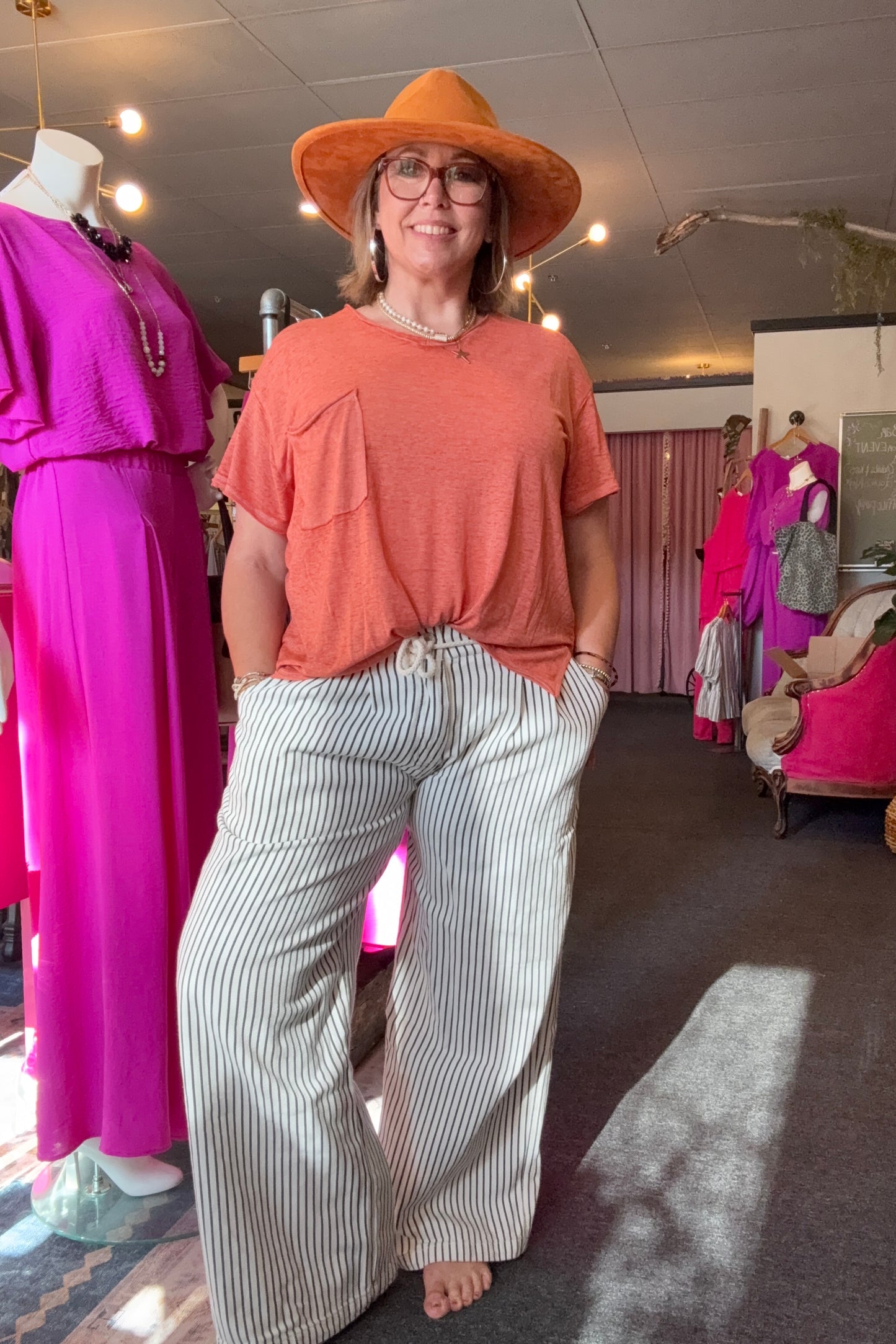 Stripe Wide Leg Pants with Rope Belt