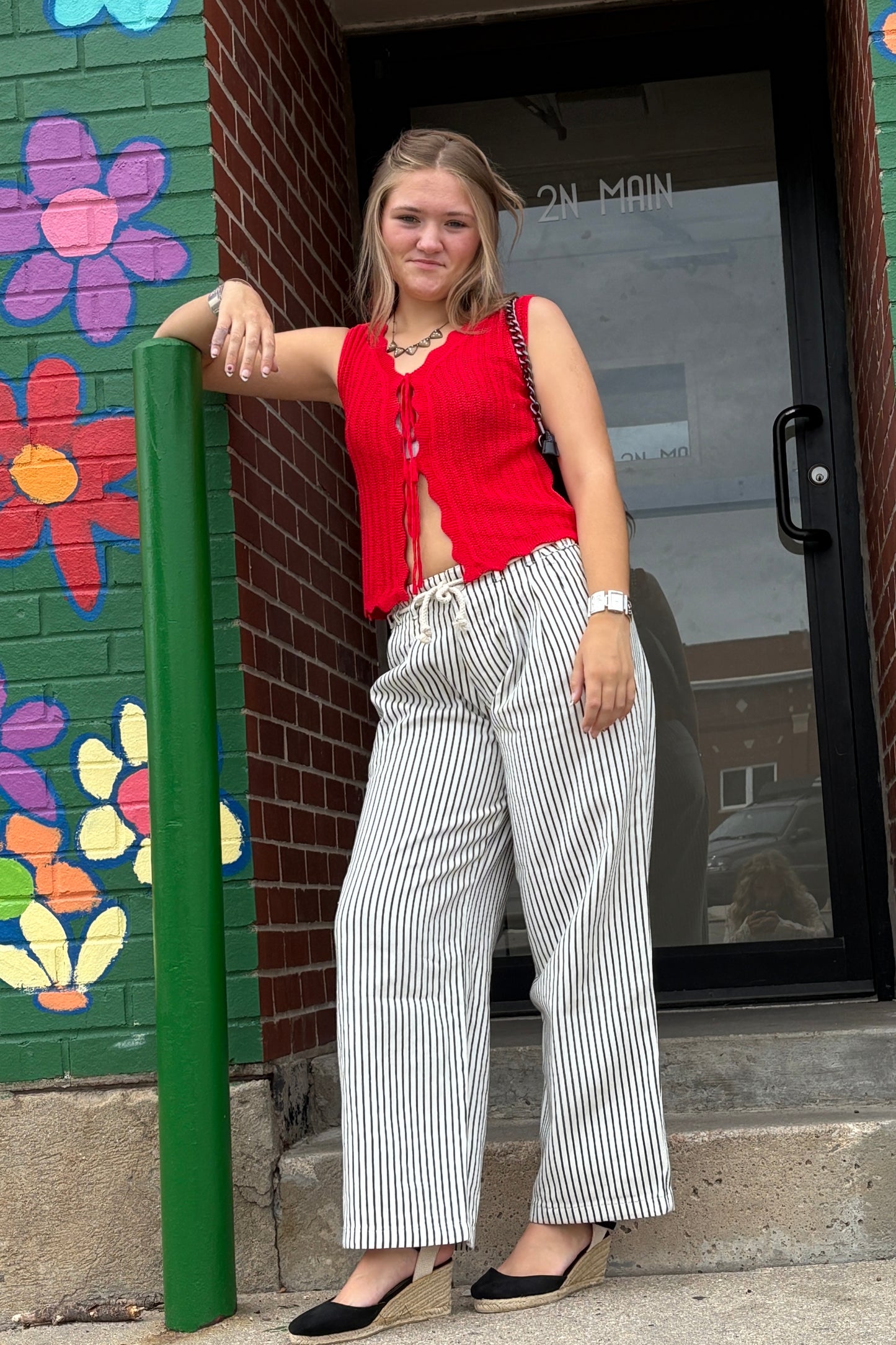 Stripe Wide Leg Pants with Rope Belt