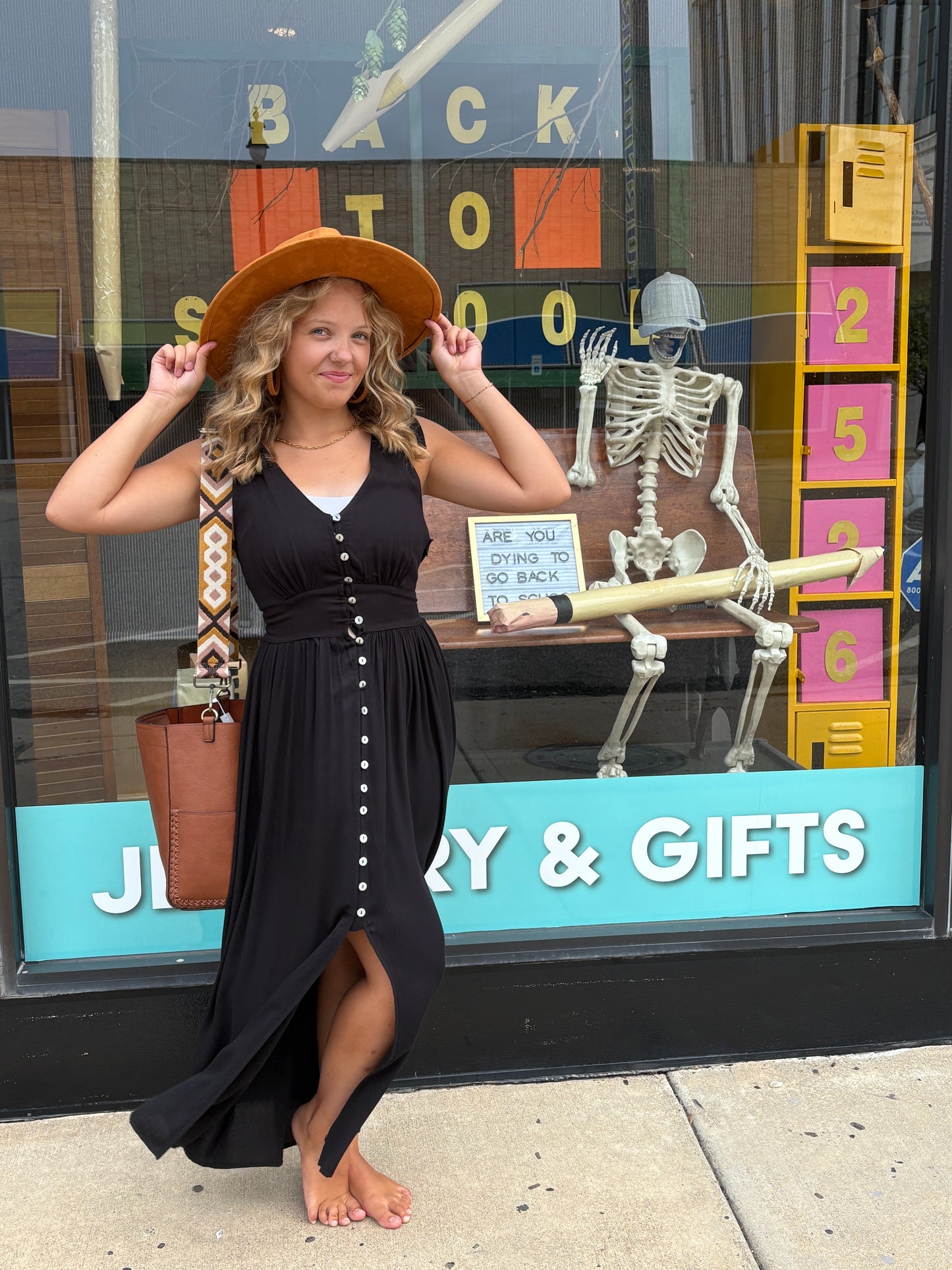 Tie Shoulder Black Button Dress