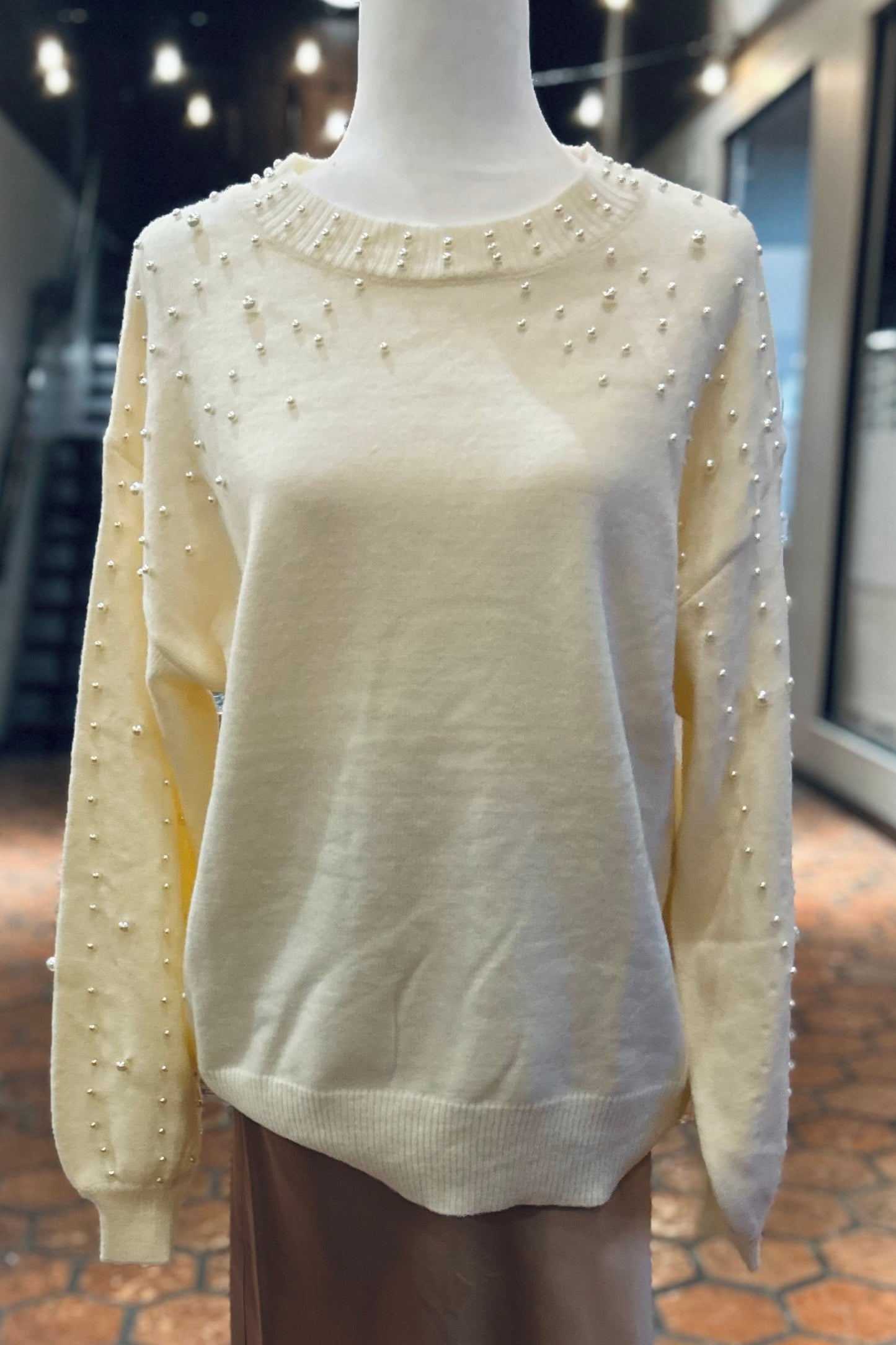 Pearl Studded Sleeve Knit Sweater