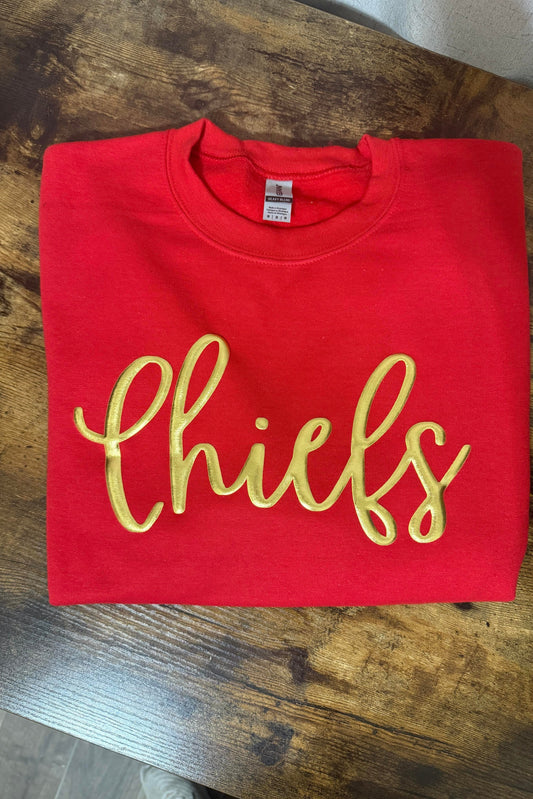 Youth Chiefs Red & Gold Puff Custom Crew