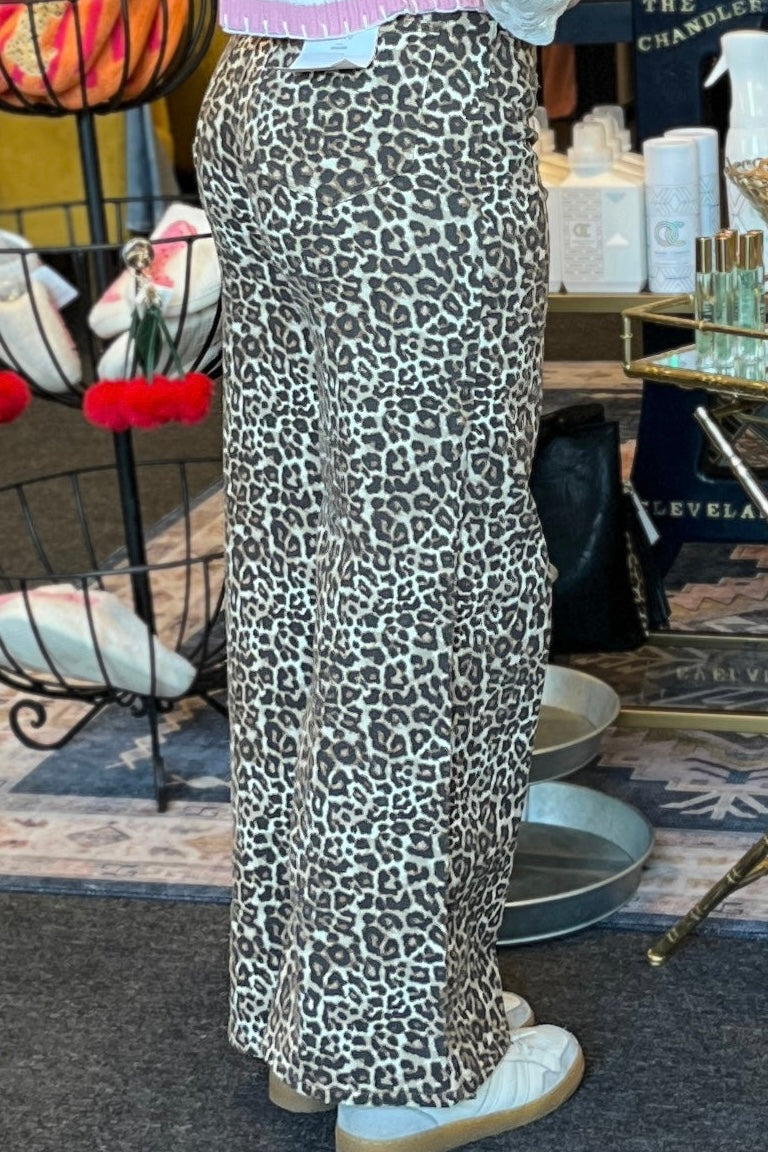 Leopard Print High Rise Wide Leg Jeans