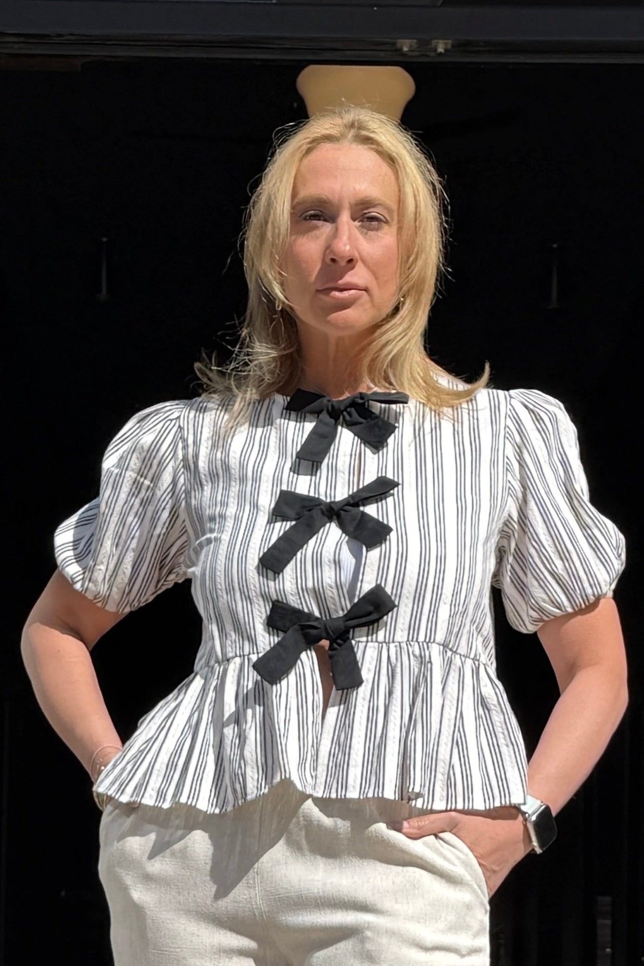 Striped Tie Bow Front Blouse