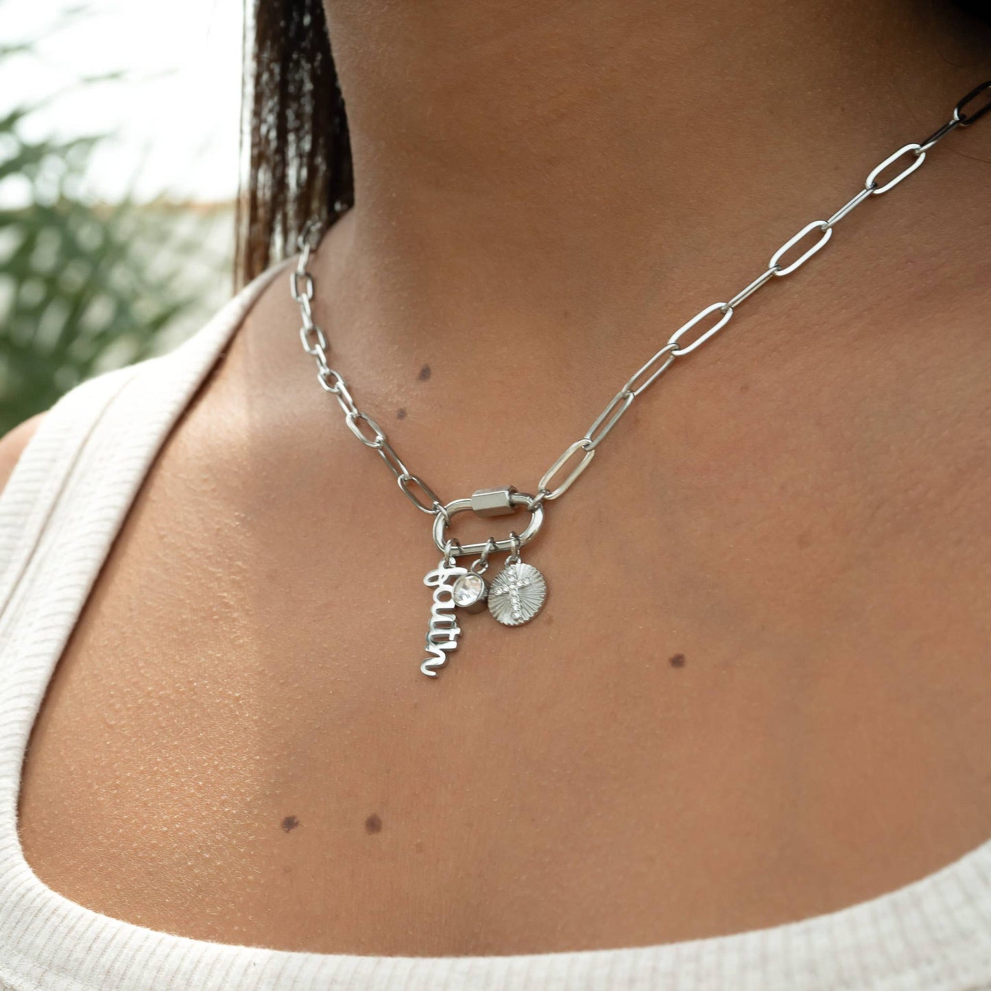 18K PVD Gold Carabiner "Faith" Paperclip Charm Necklace