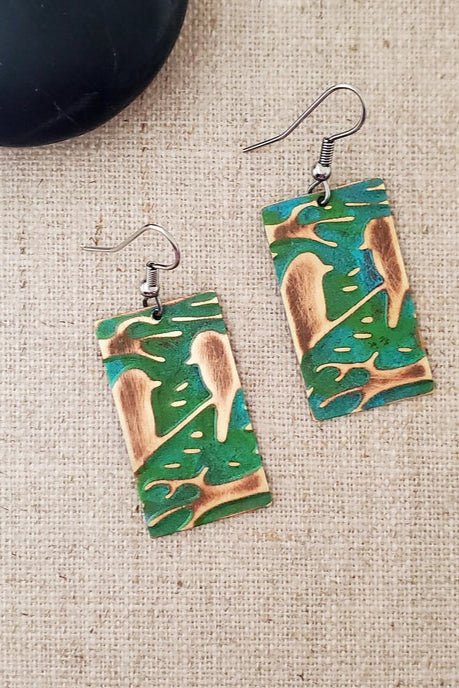 Medium Rectangle Embossed Bird Paint Patina Earrings