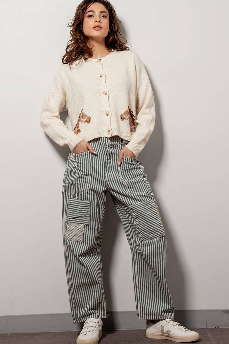 Western Horse Graphic Button Front Cropped Cardigan Sweater