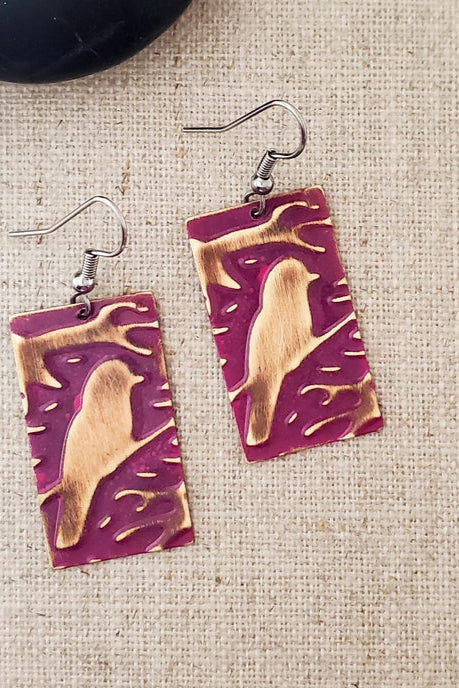 Medium Rectangle Embossed Bird Paint Patina Earrings
