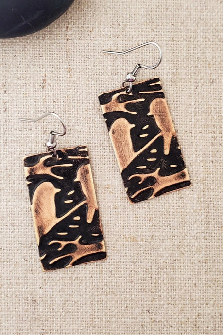 Medium Rectangle Embossed Bird Paint Patina Earrings