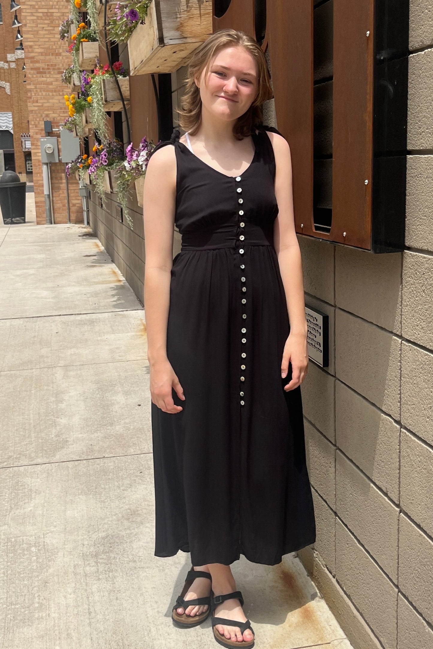 Tie Shoulder Black Button Dress