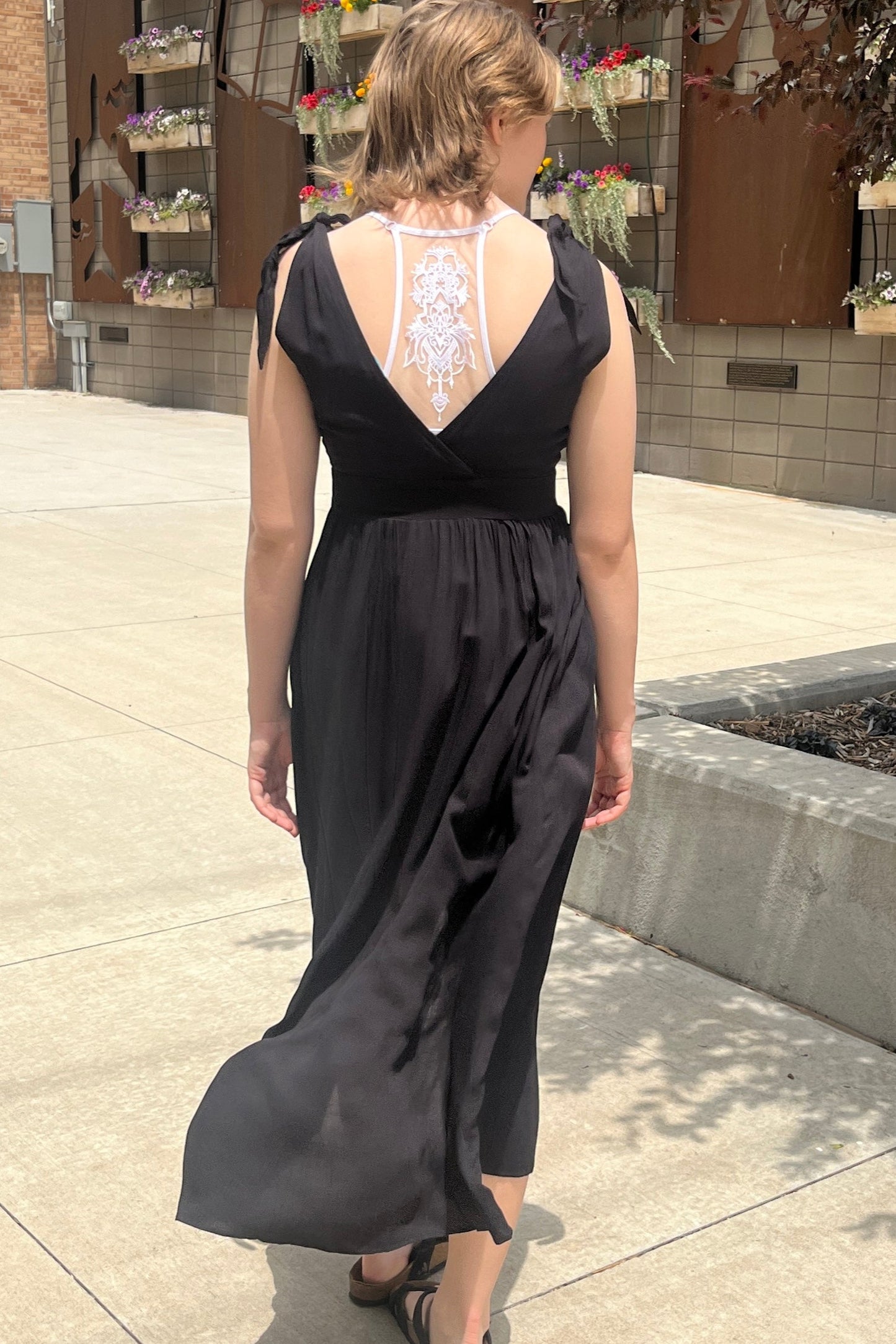 Tie Shoulder Black Button Dress