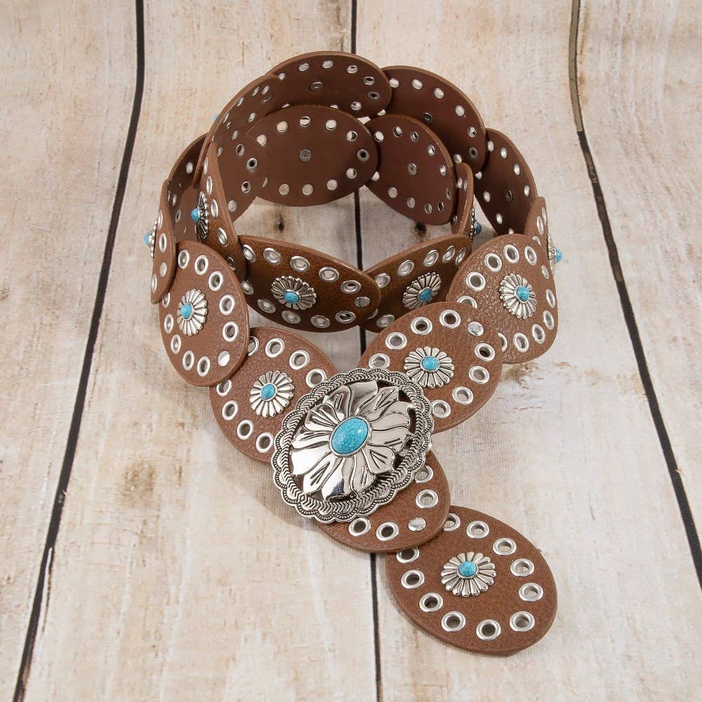 Western Turquoise Concho Disc Leather Belt