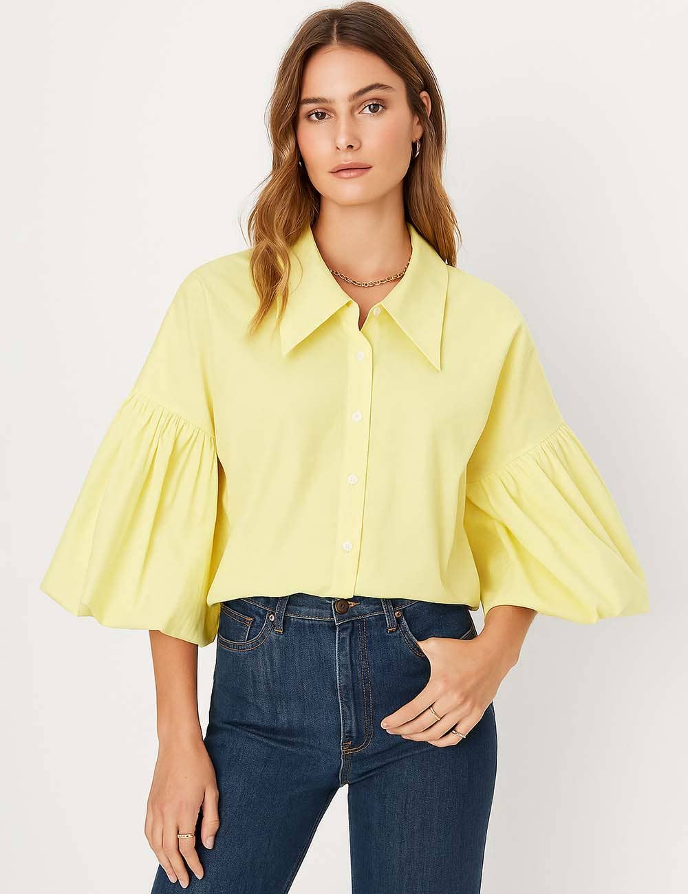 Ladies Striped Puff Sleeves Button Shirt