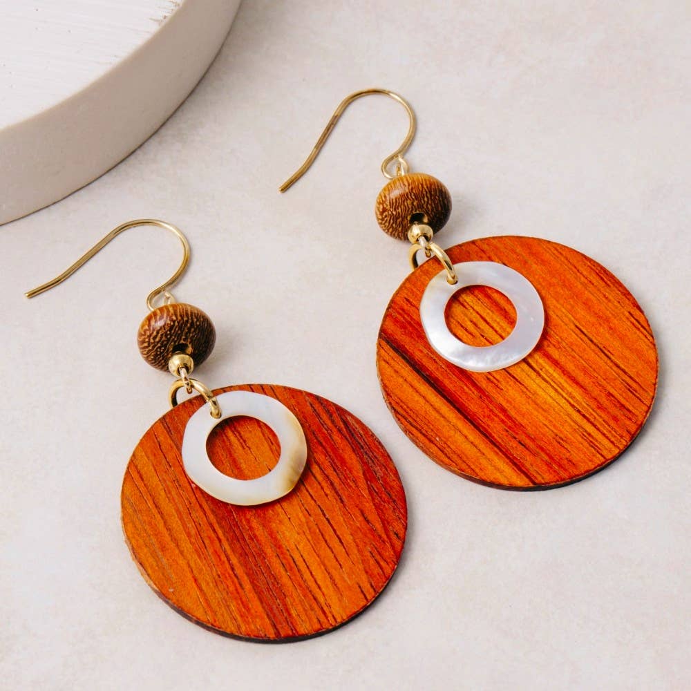 Wooden Disc And Bead Dangle Earrings