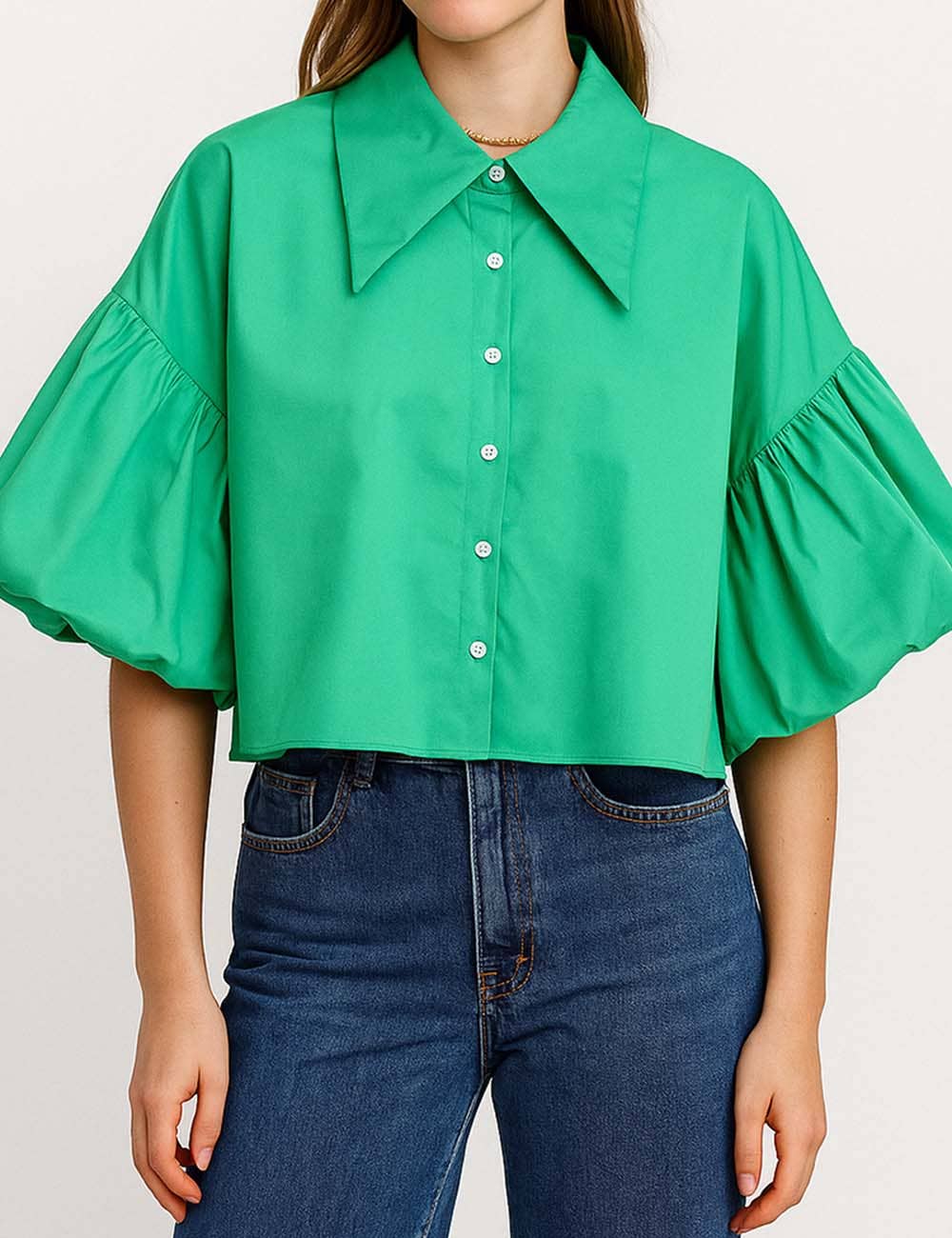 Ladies Striped Puff Sleeves Button Shirt