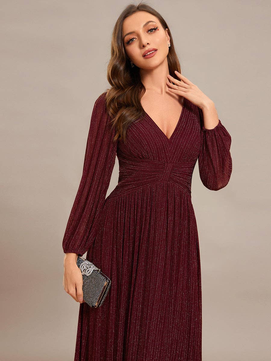 Maxi Long Chiffon Waist V Neck Long Sleeves Evening Dress
