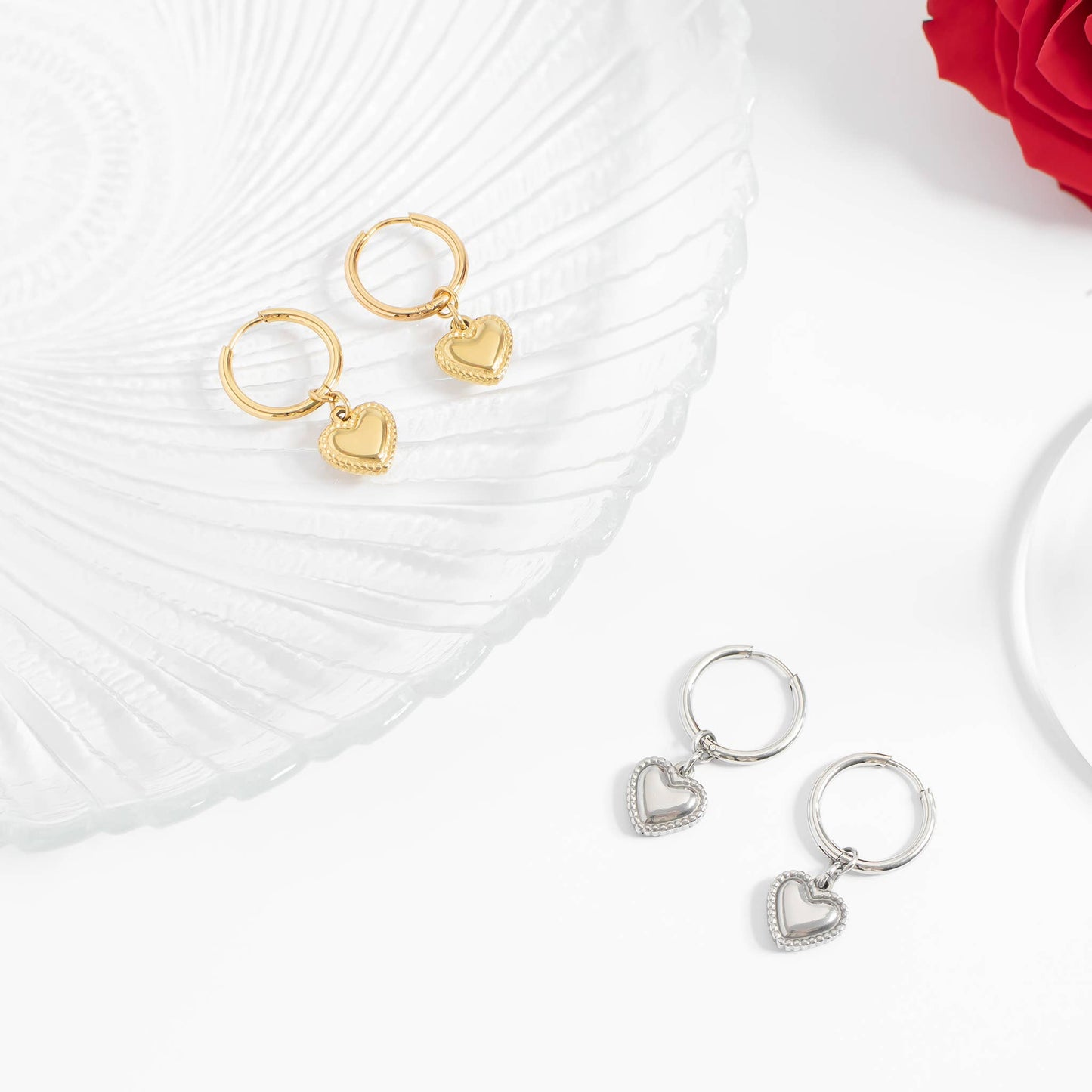 Heart Pendant Hoop Earrings 18K Gold PVD Stainless Steel