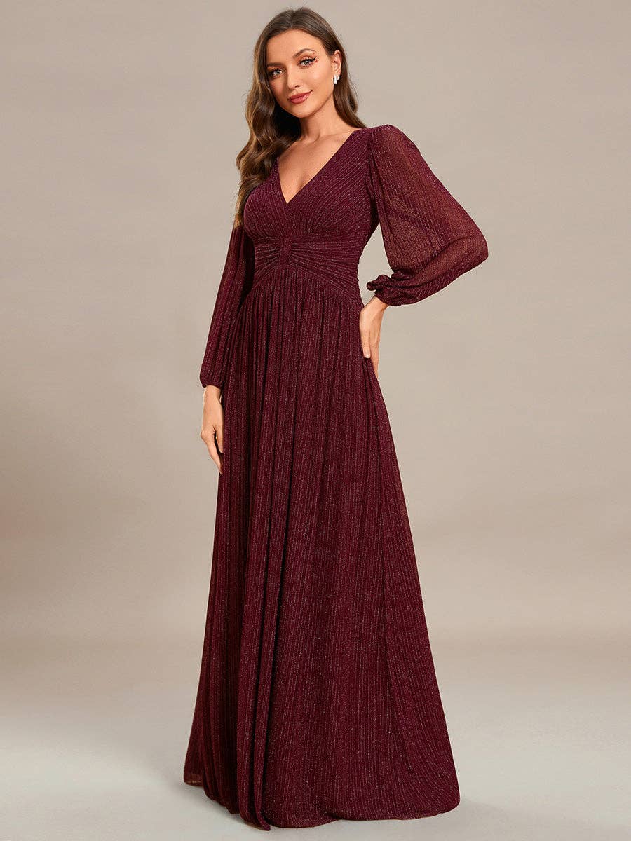 Maxi Long Chiffon Waist V Neck Long Sleeves Evening Dress