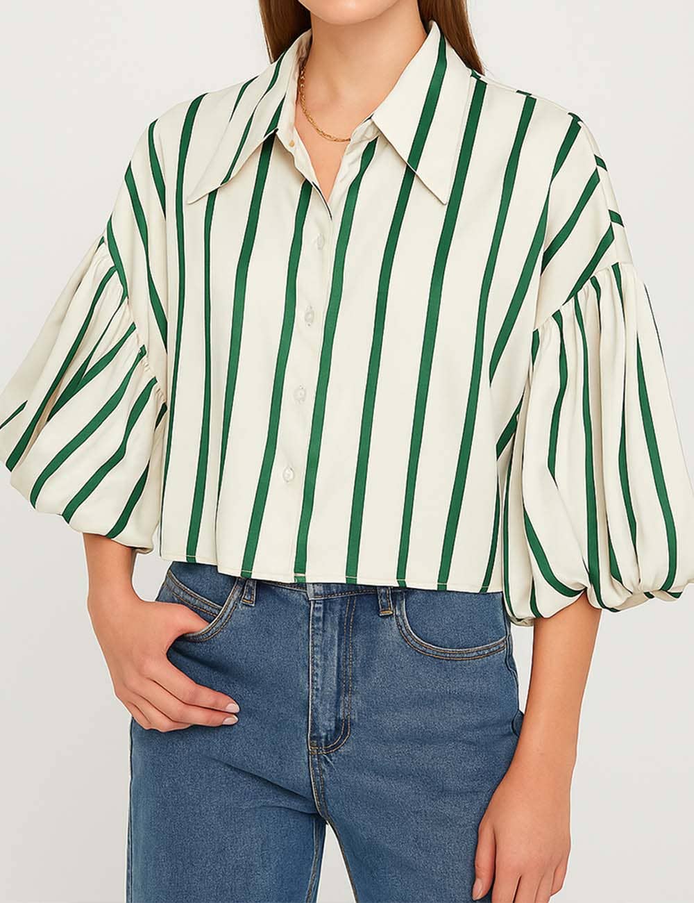 Ladies Striped Puff Sleeves Button Shirt