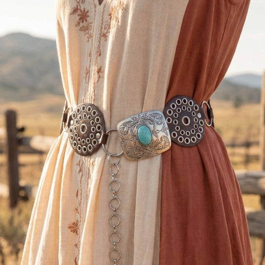 Vegan Leather Studded Disc Engraved Buckle