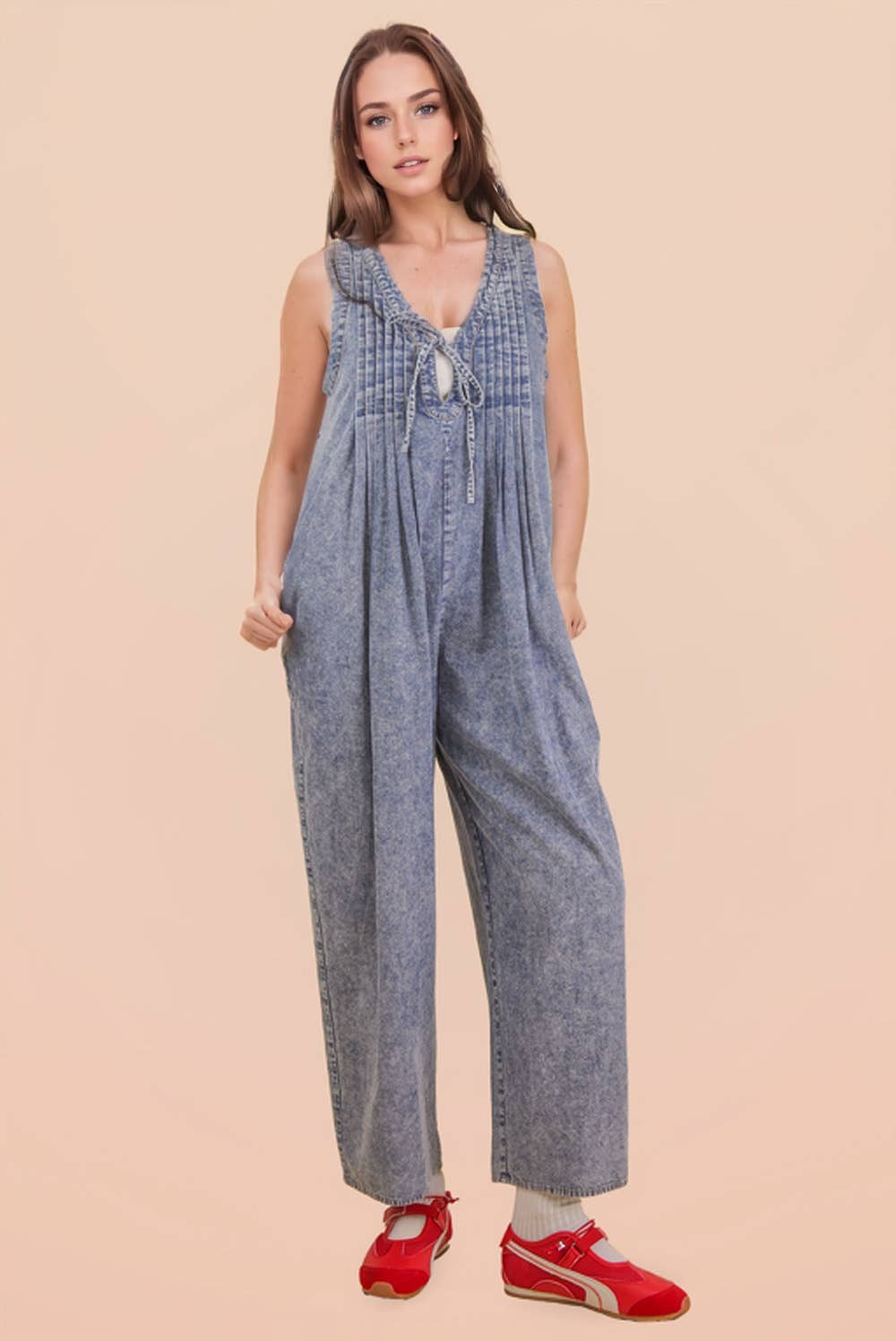 Pintuck Detail Washed Denim Wide Leg Jumpsuit