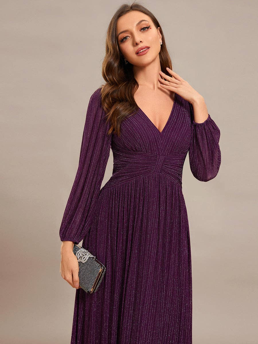 Maxi Long Chiffon Waist V Neck Long Sleeves Evening Dress