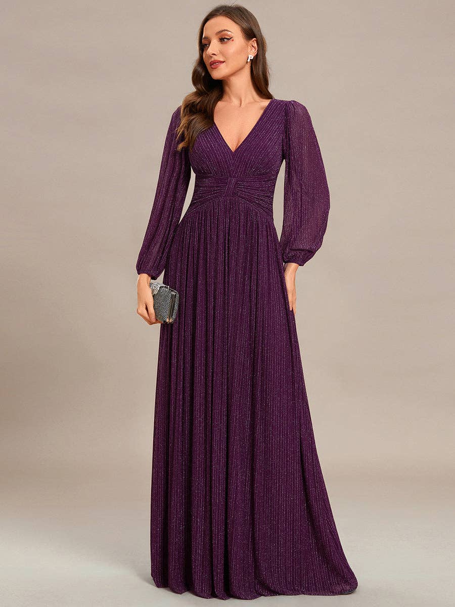 Maxi Long Chiffon Waist V Neck Long Sleeves Evening Dress