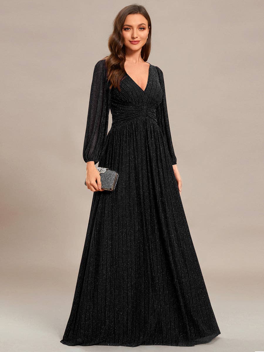 Maxi Long Chiffon Waist V Neck Long Sleeves Evening Dress