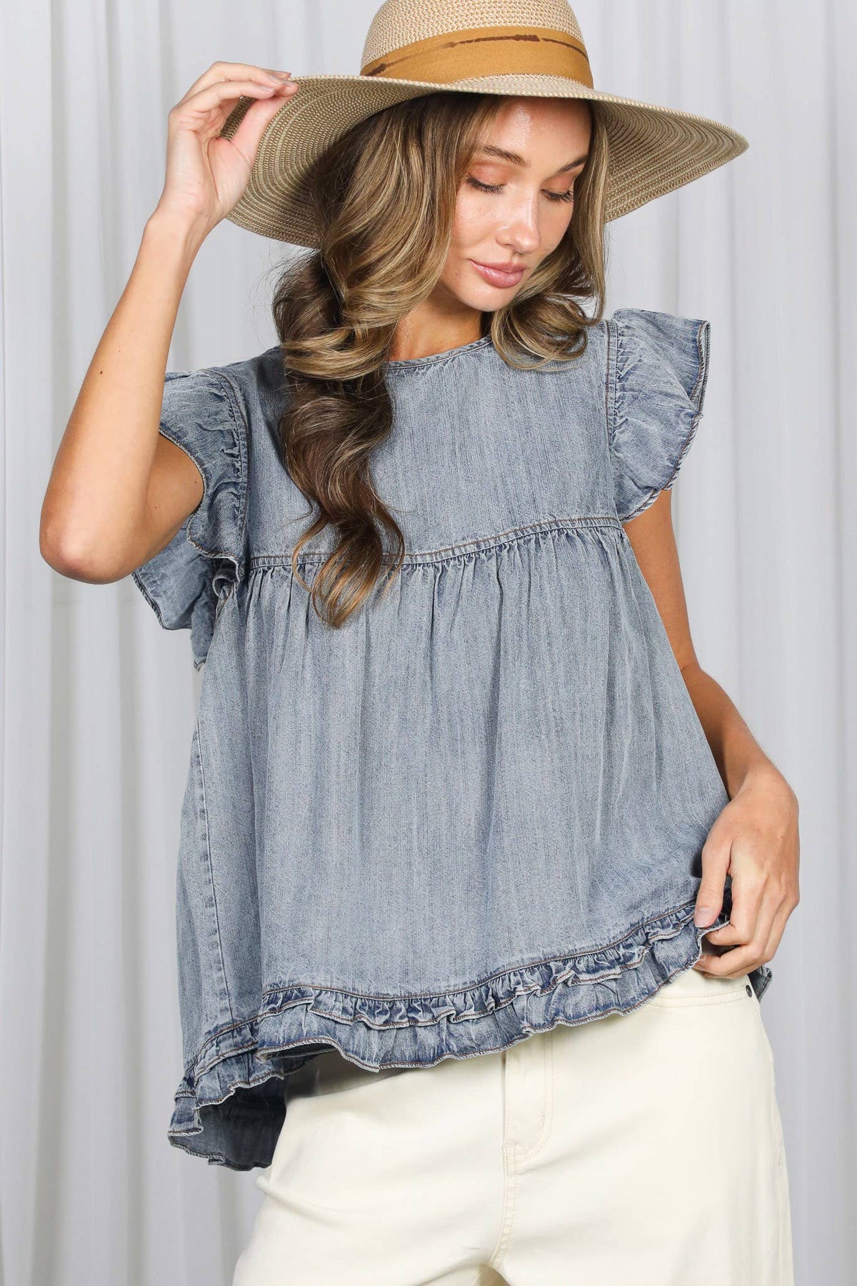 Ruffle Accent Short Sleeve Chambray Denim Top