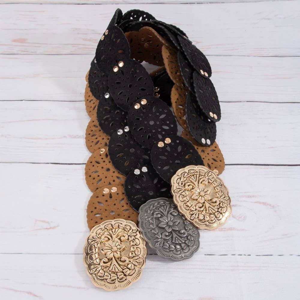 Embroidered Floral Buckle Vegan Leather Belt