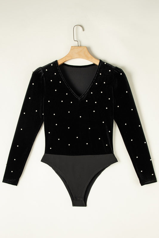 Velvet Beaded Long Sleeve V Neck Bodysuit